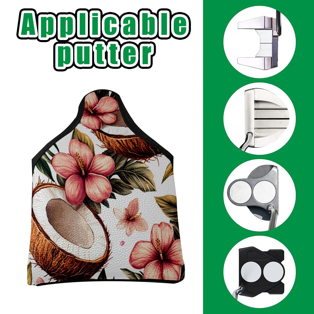 Golf Mallet Putter Cover Premium Leather Waterproof Golf Putter Head Cover with Magnetic Closure Coconut Flowers