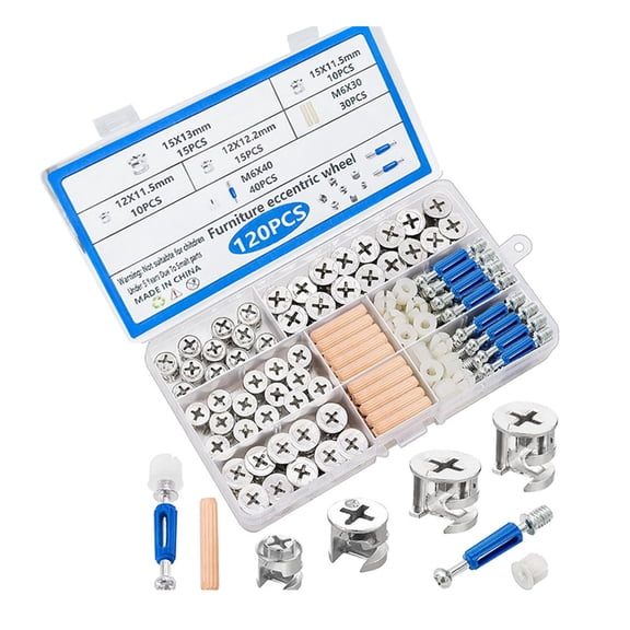Multi Purpose Furniture Fastening Set Eccentric Cams Locks Hardware Wheels with Assorted Nut Bolts Dowels 120pcs