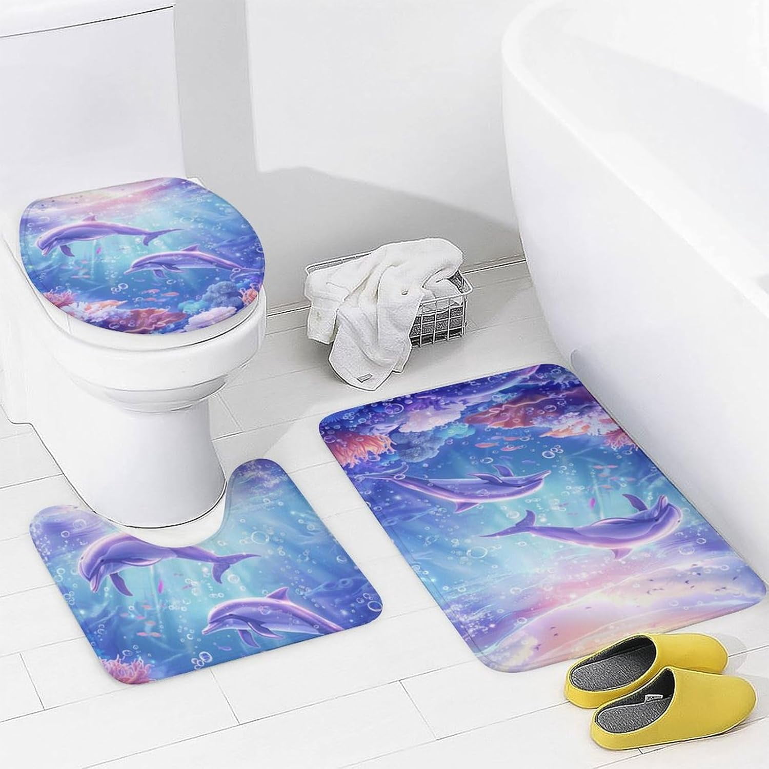 Ocean Corals Dolphins 4 Pcs Bathroom Shower Curtain Set,Bathroom Sets with Rugs (Bath Mat,U Shape and Toilet Lid Cover Mat), Bathroom Decor Set