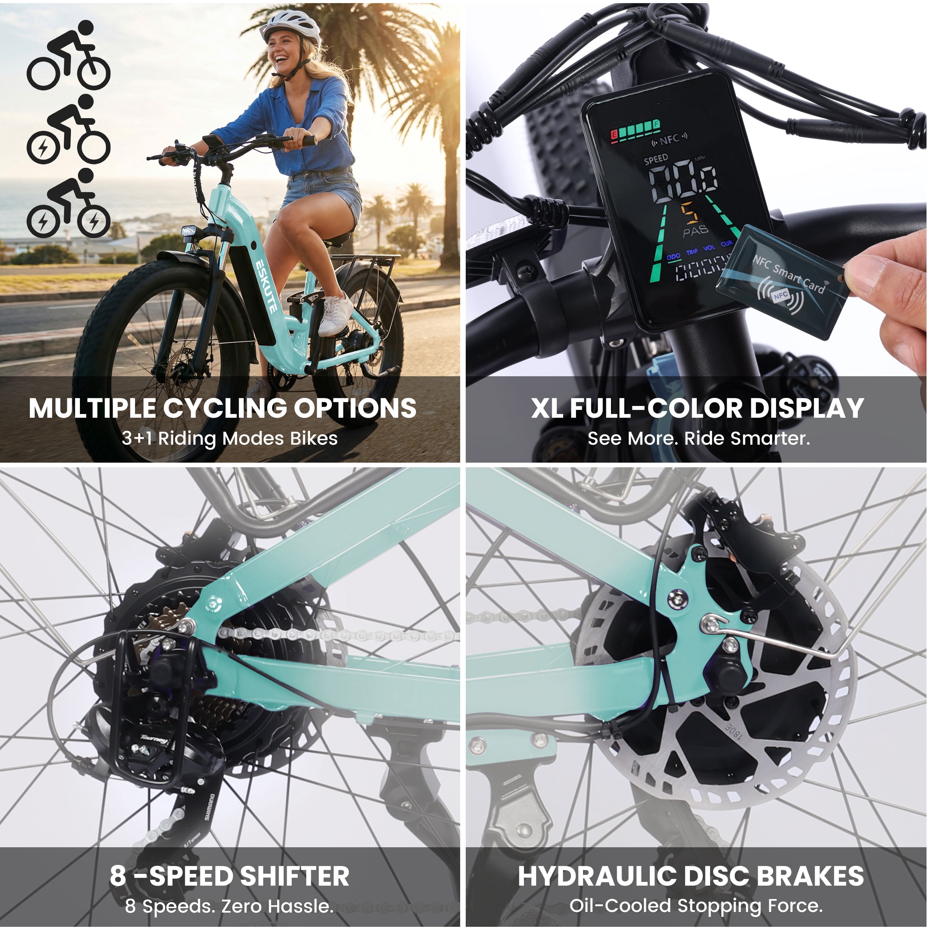 ESKUTE C300 1500W Electric Bike for Adults, 48V 20.8Ah Battery, 32MPH, 80 Miles Range, 26"x4.0" Fat Tire Step-Thru Ebike, Full Suspension Electric Bicycle, 8-Speed Green, UL2849