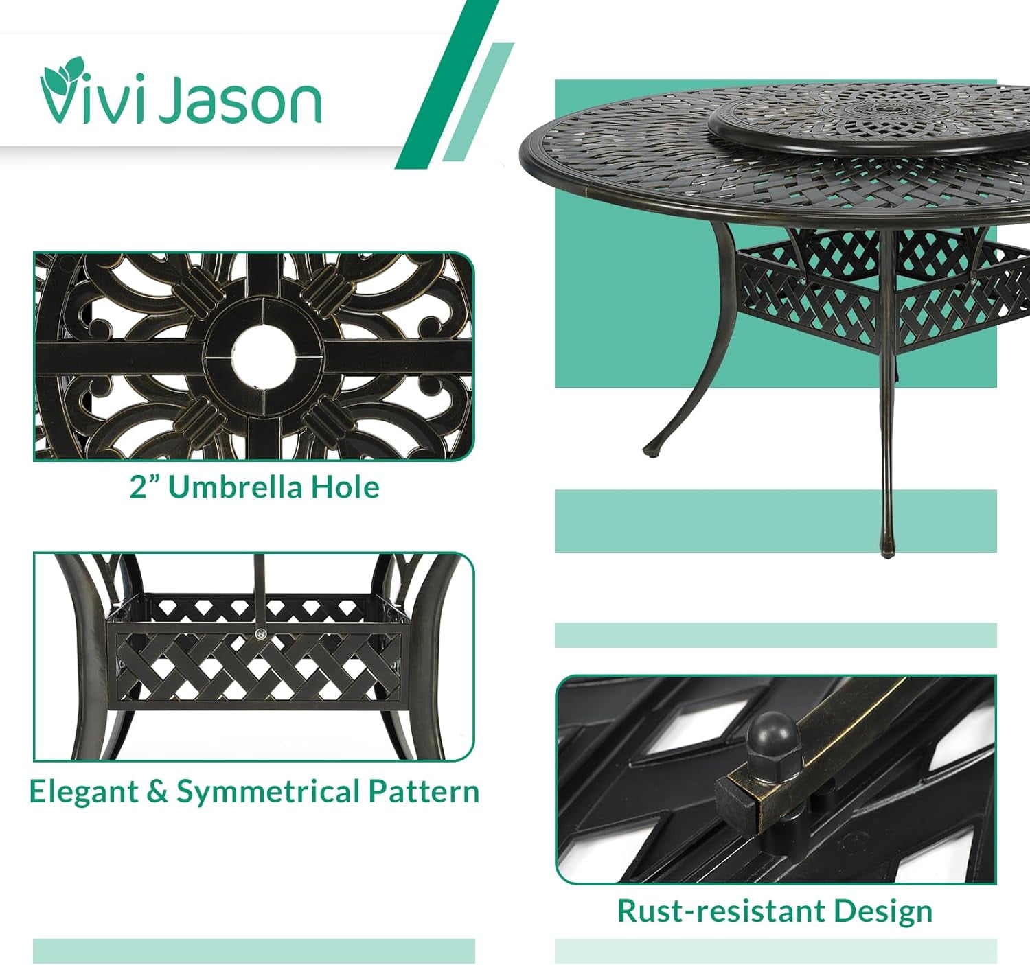 VIVIJASON 9-Piece Patio Furniture Dining Set, Cast Aluminum Rust-Free Outdoor Conversation Set, Include 61" Round Dining Table with 31" Lazy Susan & 8 Cushioned Chairs, Umbrella Hole, Khaki