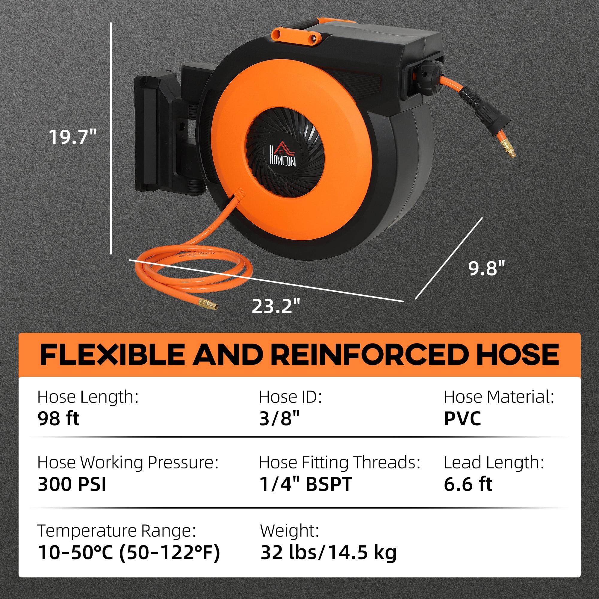 HOMCOM Retractable Air Hose Reel, Auto Rewind Air Compressor Hose Reel with Swivel Bracket, 3/8 in x 98 ft, 6.6 ft Lead in, 300 PSI, Black and Orange