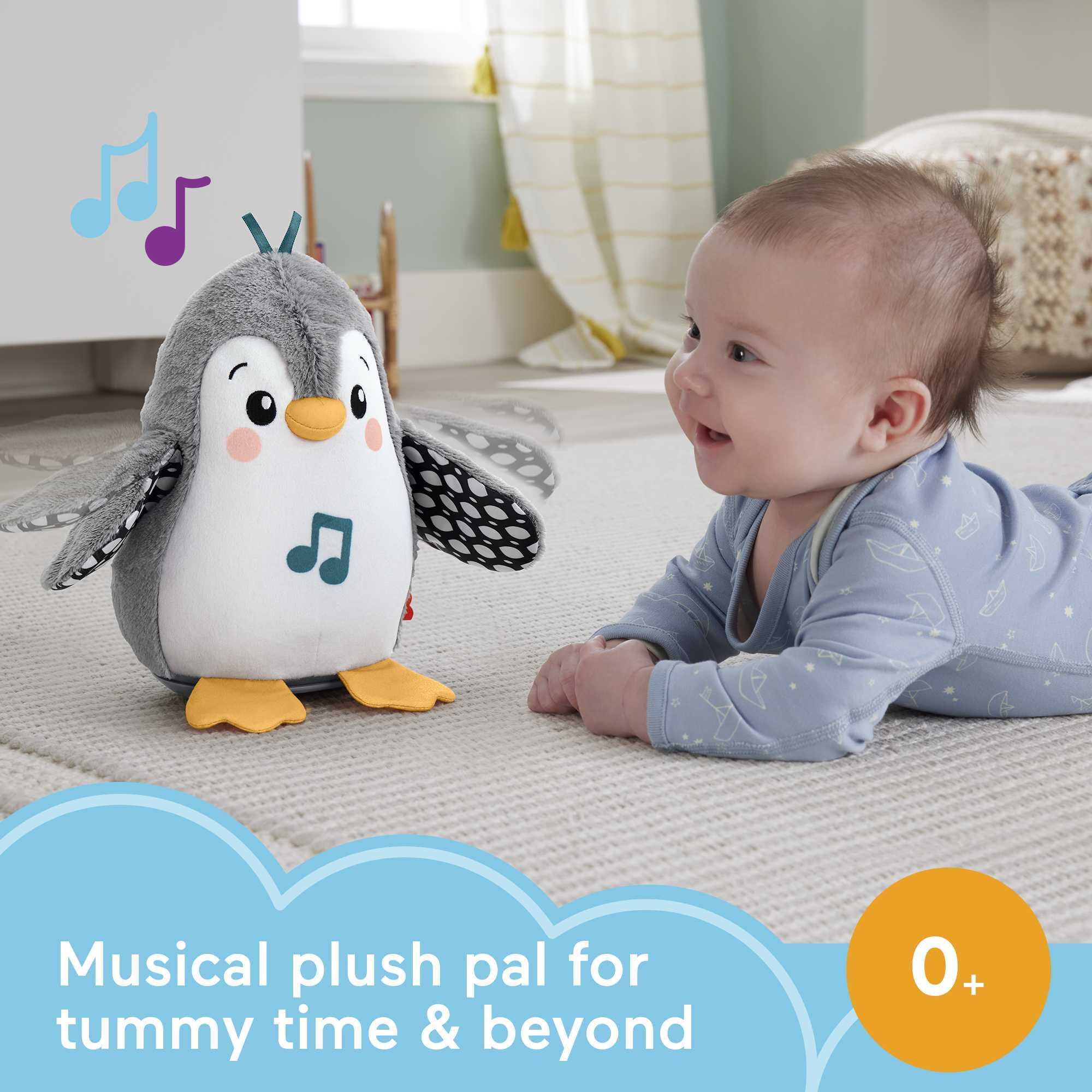 Fisher-Price Plush Tummy Time Toy, Flap & Wobble Penguin, Newborn Musical Toy for Sensory Play