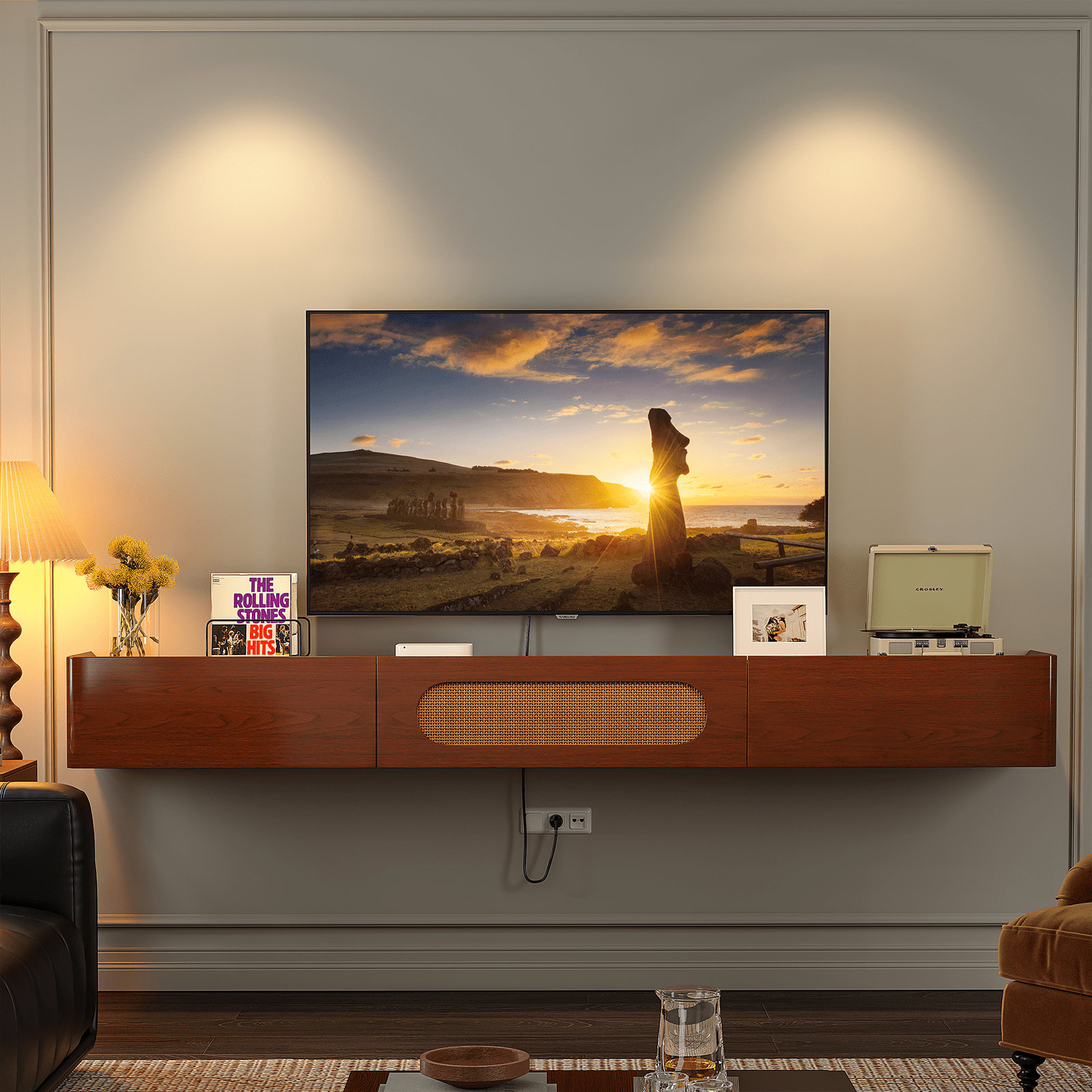 FloatiCasa 47" Fully Assembled Floating TV Stand Wall Mounted Floating Media Console with 2 Drawers and Rattan Door High Gloss Real Wood Veneer Entertainment Center for TVs up to 50"