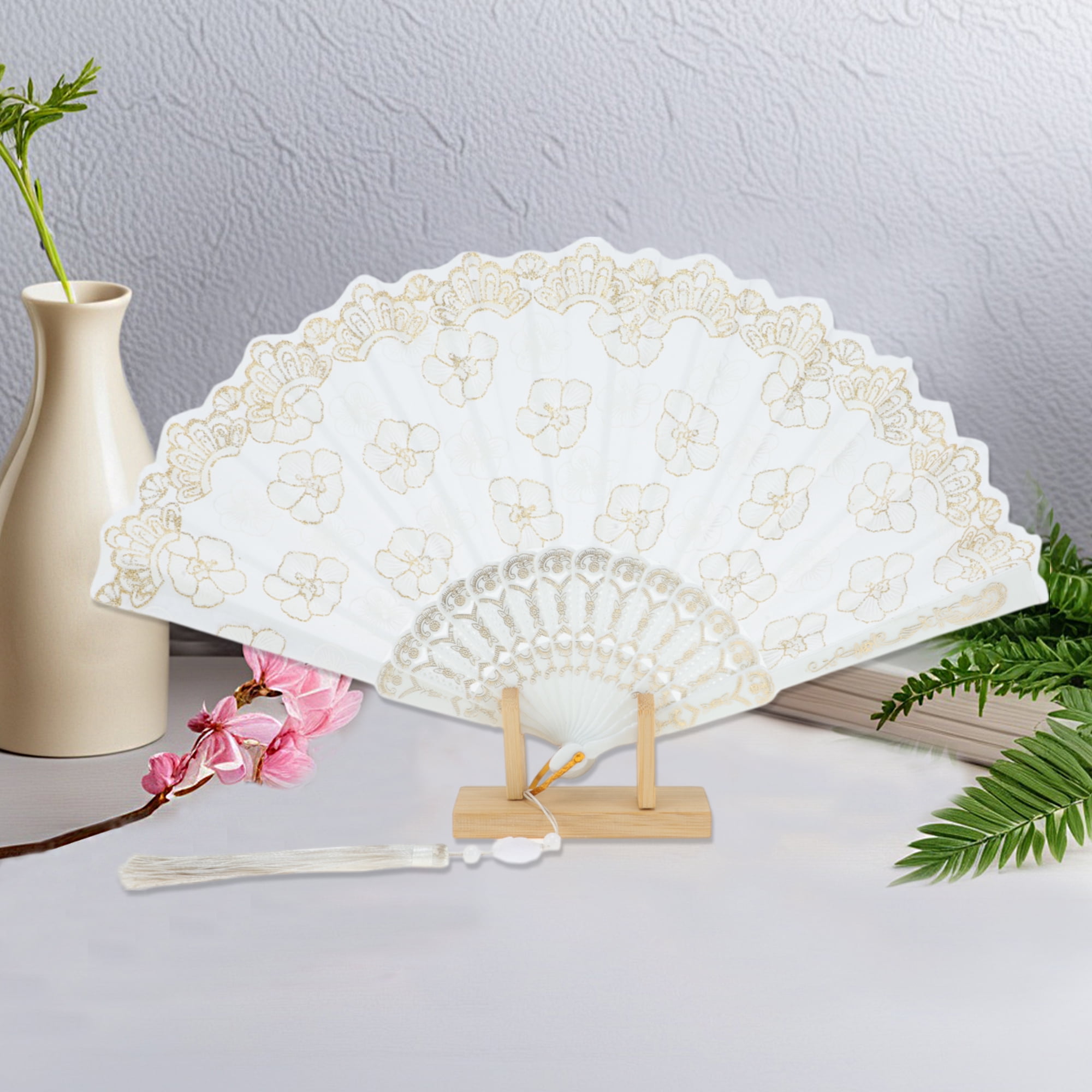 Unique Bargains Elegant Cherry Blossom With Tassel Folding Fan 1 Pc White