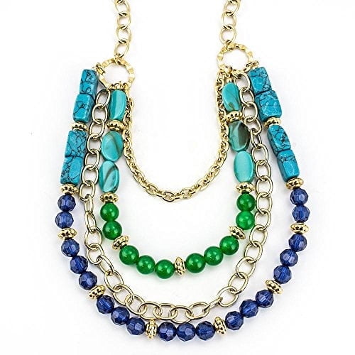 Multi-Strand Statement Bib Necklace with Turquoise, Jade and Blue Beads Jewelry Necklace Metal