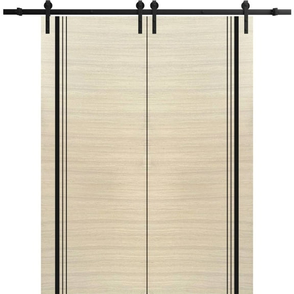 Sturdy Double Barn Door 36 x 80 inches with | Planum 0011 Natural Veneer with Frosted Glass | 13FT Rail Hangers Heavy Set | Solid Panel Interior Doors