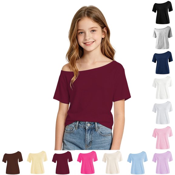 Girls T-Shirts Short Sleeve Off Shoulder Tops Fashion Tops Tees Girls Tops, Size 7-12 Years