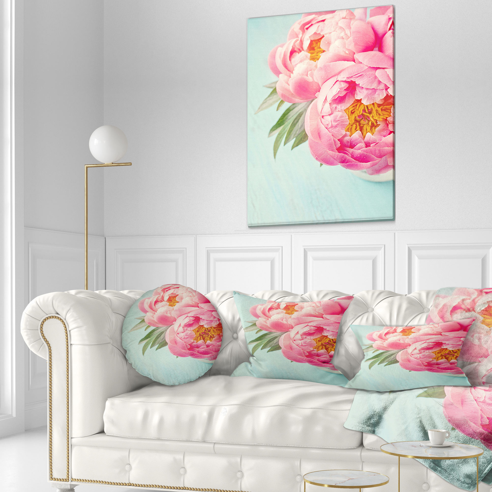 Designart Peony Flowers on Blue Background - Floral Throw Pillow - 12x20