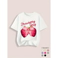 thumbnail image 1 of Strawberry Girl" Cute Graphic Tee for Girls - Casual Round Neck, Short Sleeve, Soft Polyester Blend, Machine Washable - Summer Collection in Beige with Pink Strawberry & Bow Design, 1 of 6
