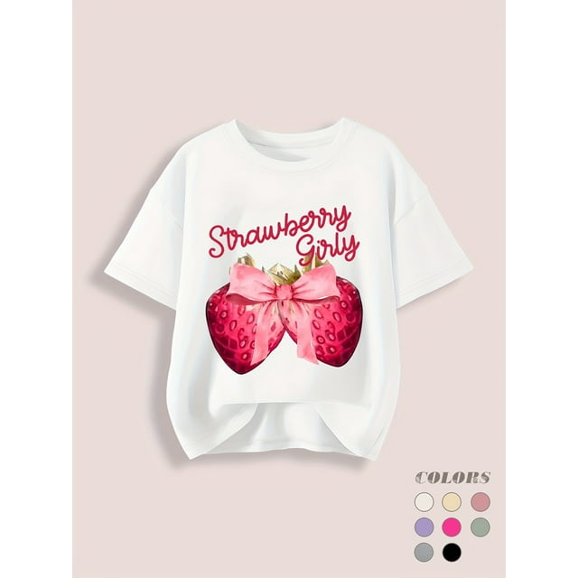 Strawberry Girl" Cute Graphic Tee for Girls - Casual Round Neck, Short Sleeve, Soft Polyester Blend, Machine Washable - Summer Collection in Beige with Pink Strawberry & Bow Design