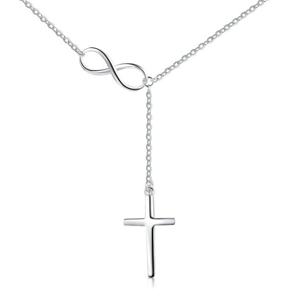 S925 Sterling Silver Infinity Cross Pendant Y Lariat Necklace For Women Birthday Baptism Easter Gift, 18 Inch   2 Inch[Z2915]