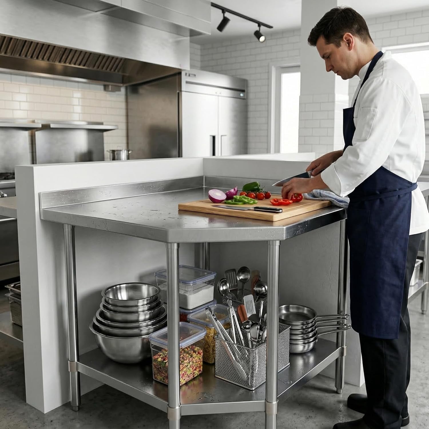 Stainless Steel Corner Work Table with 1.5" Backsplash, Galvanized Undershelf, 5 Leg Support, Commercial Prep Table for Restaurant Kitchen Utility