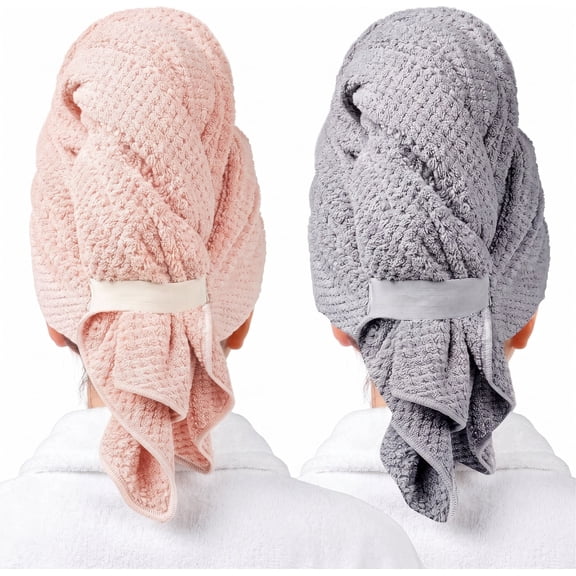 Jumbo Microfiber Hair Towel Wrap 2-Pack (24x39") – Anti-Frizz Quick-Dry Turban with Elastic Strap for Long, Curly & Thick Hair (Grey, Pink)