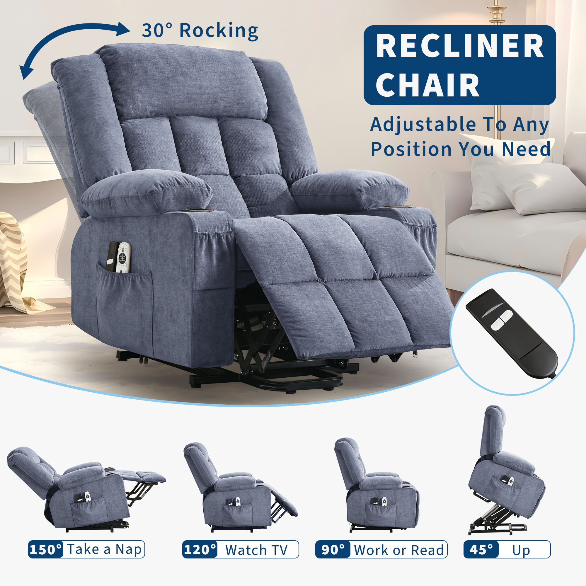 Power Lift Recliner Chair for Elderly – Oversized Wide Sofa with Heat, Vibration, Massage, 3 Positions, Remote Control, USB Charging, Cup Holders, Side Pockets, Ergonomic Living Room Chair, Blue