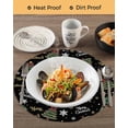 thumbnail image 3 of 15 Inch Round Placemats Set of 6, Black Christmas Non Slip Heat Insulation PP Table Mats, Winter Green Pine Tree Gold Snowflake Washable Place Mats for Kitchen Dining Party Table Decor, 3 of 7
