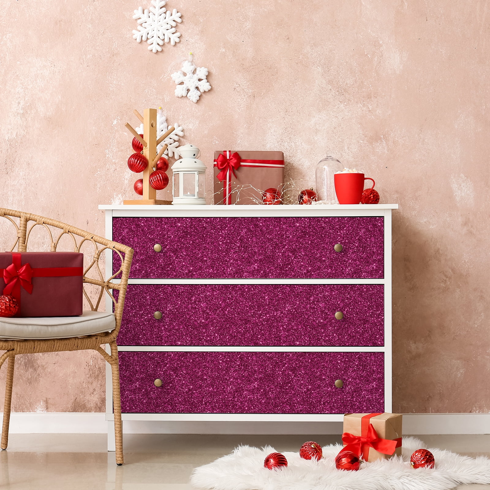 CHIHUT Hot Pink Glitter Peel and Stick Wallpaper Sparkly Pink Contact Paper for Cabinets Walls Removable Decorative Glitter Wall Paper Self Adhesive Textured Fabric Roll for DIY Crafts 15.7''x236''