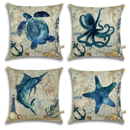 Octopus Throw Pillow SUFAM Set of 4 Pillow Cases Mediterranean Vintage Nautical Sea Summer Blue Color Starfish Octopus Turtle Throw Pillowcase Cover Cushion Case Home Decor 16x16 inch ()