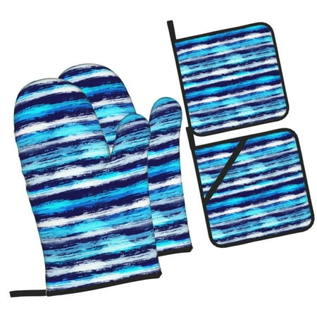 

Sikiie Ice Blue Stripes Oven Mitts and Pot Holders Silicone Oven Gloves Heat Resistant Oven Mitts 4Pcs Set