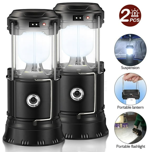 Ultra Bright Camping Lantern with Rechargeable Batteries, Water Resistant Portable LED Solar Collapsible Camping Lantern Flashlights Torch for Outdoor 2pcs