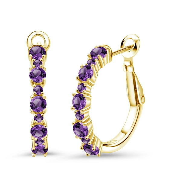 Gem Stone King 18K Yellow Gold Plated Silver Purple Amethyst Hoop Earrings for Women (1.32 Cttw, Gemstone Birthstone, Round Cut, 3/7 inch Diameter)