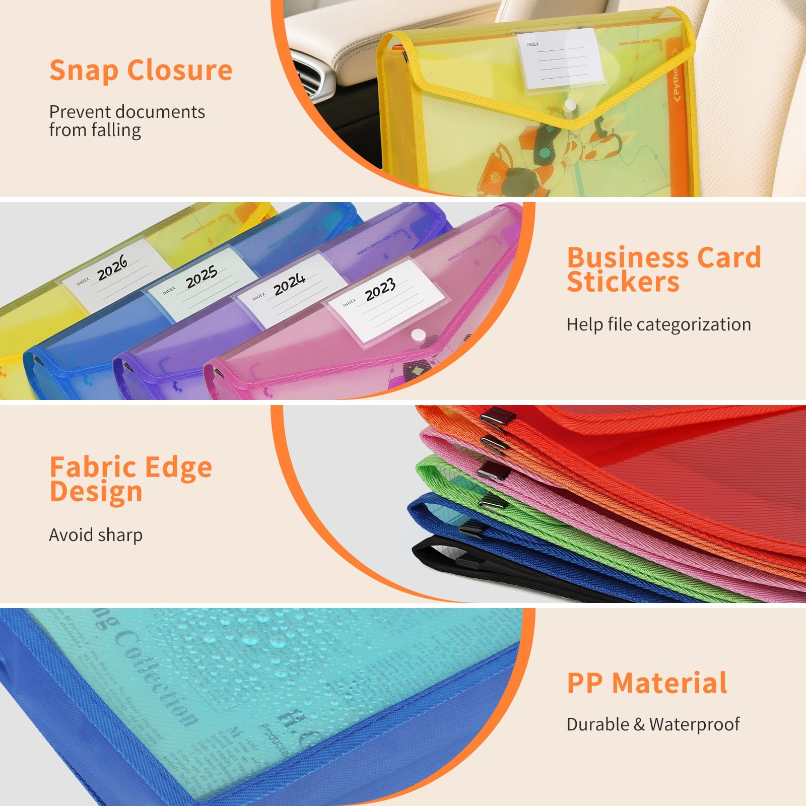 PHANCIR Plastic File Folder, Expanding with Snap Closure Label Pocket, Large Capacity Letter A4 Size for Office, School, Home, Assorted Colors,8 Pack