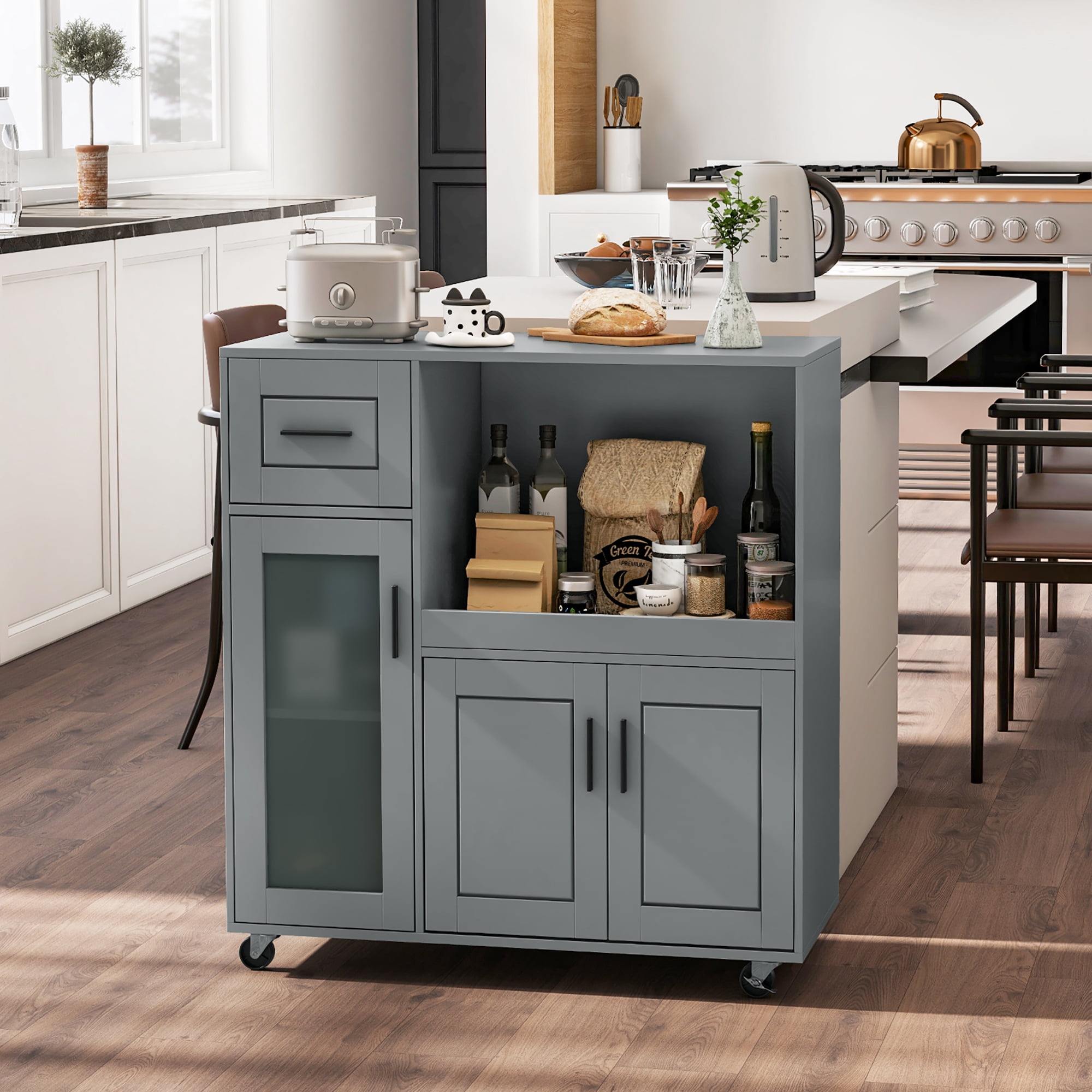 Gymax Kitchen Island Cart on Wheels Microwave Cabinet w/ Frosted Tempered Glass Door