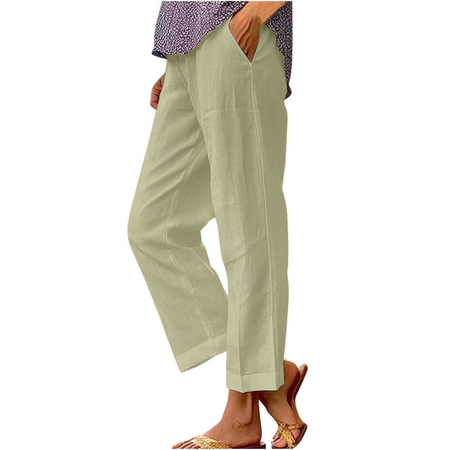 Dealovy Womens Cotton Linen Pants Plus Size Elastic High Waisted Solid Color Lightweight Summer Trousers