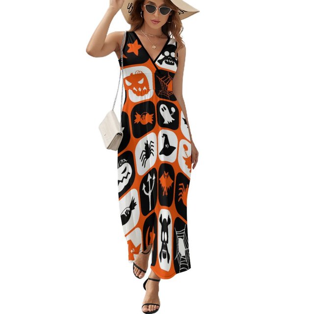 Maxi Robe Imprimée Joyeuses Fantômes Robe d'Halloween Sexy Col en V Motif Boho Plage Longues Robes Streetwear Grande Taille Vestido