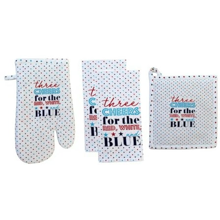 Set of 4, 100% Cotton Americana Theme Design Quilted Hanging Loop Kitchen Sets with Three Cheers for The Red, White, Blue Include 2 Kitchen Towels, Pot Holder  Oven mitt.