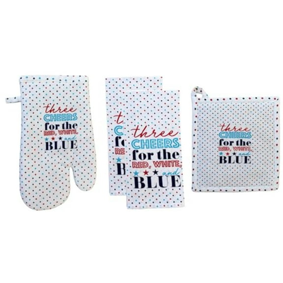 Set of 4, 100% Cotton Americana Theme Design Quilted Hanging Loop Kitchen Sets with Three Cheers for The Red, White, Blue Include 2 Kitchen Towels, Pot Holder Oven mitt.