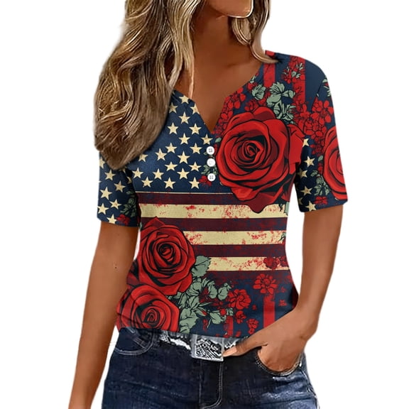Enjoytime Woman Tops 4Th Of July Printed V-Neck Button Down Shirts Plus Size Fashion Short Sleeve Graphic Tees