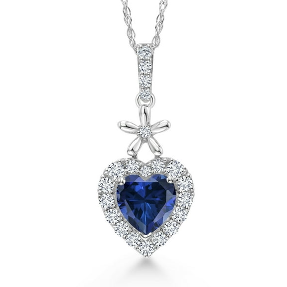 Gem Stone King 10K White Gold Blue Created Sapphire and White Lab Grown Diamond Pendant Necklace for Women (0.61 Cttw, Heart Shape 5MM, with 18 inch Chain)