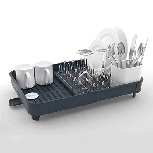 Joseph Joseph 85040 Extend Expandable Dish Drying Rack and Drainboard Set Foldaway Integrated Spout Drainer Removable Steel, Gray