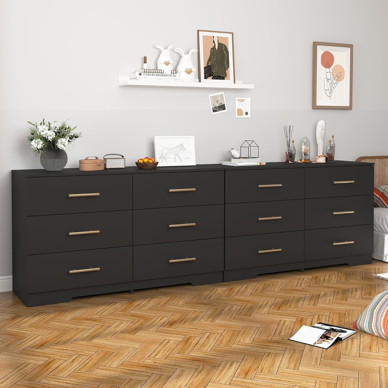 Miniyam 6-Drawer Dresser with Deep Drawers & Golden Handles for Adult Bedroom, Black