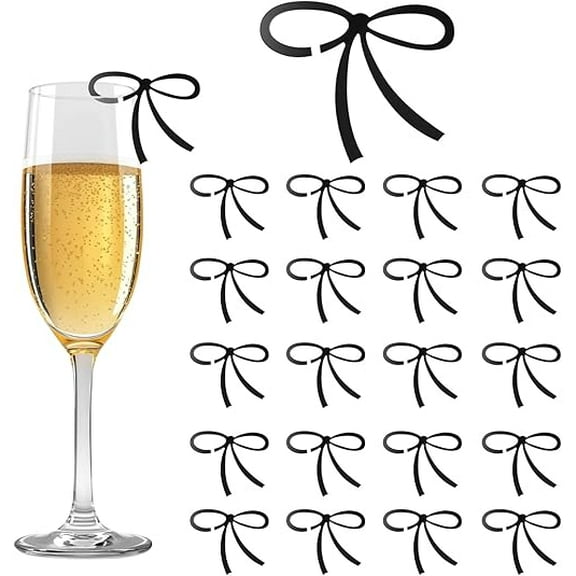 20Pack Black Bow Drink Markers, Acrylic Drink Tags Bow themed Party Favors Coquette Wine Glass Tags Charms for Birthday Wedding Bridal Cocktail Party Decorations