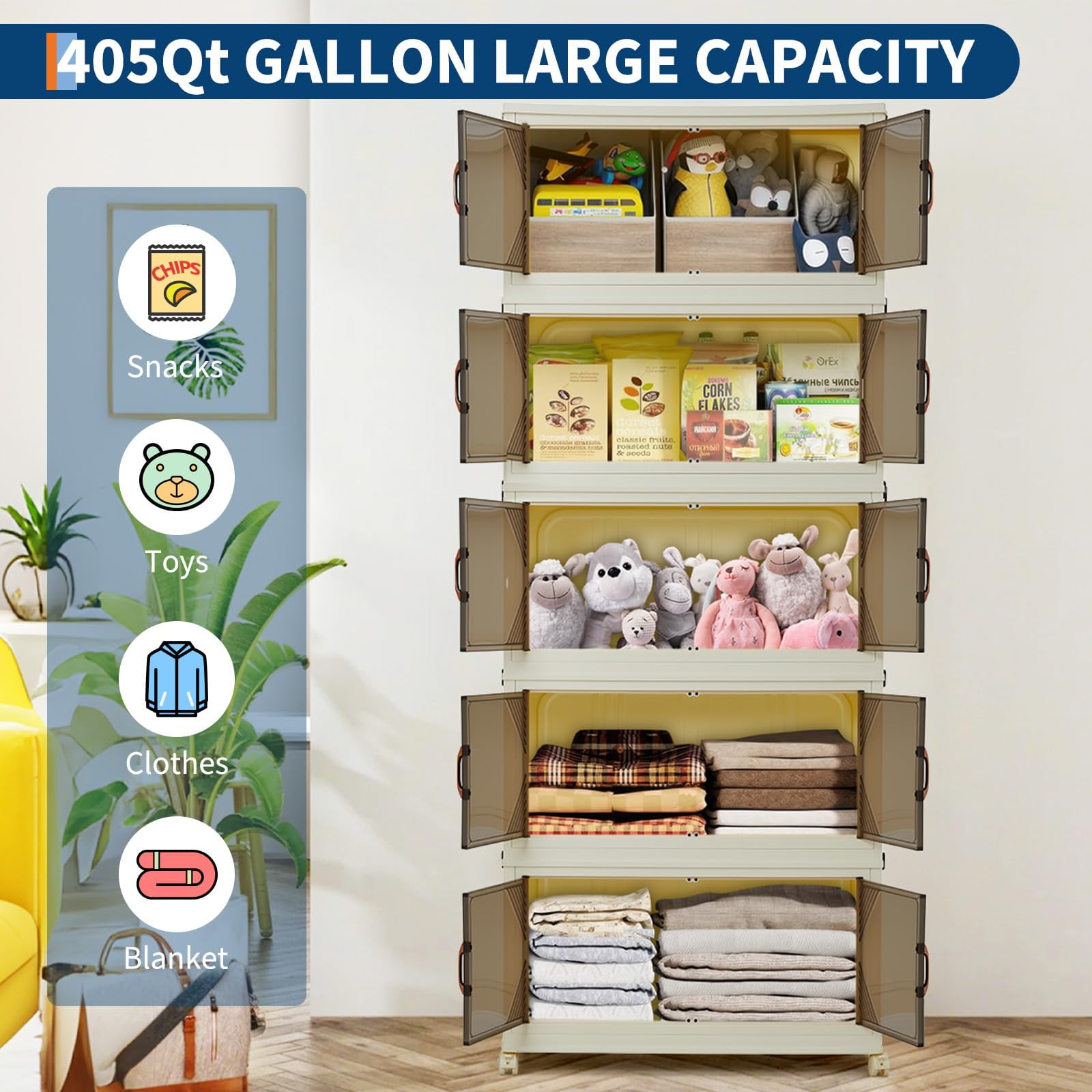 Stackable Storage Bins, 405QT Plastic Bins for Storage with Lids, Plastic Storages Drawers with Magnetic Doors & Wheels, Foldable Closet Organizers for Home, Dorm, White