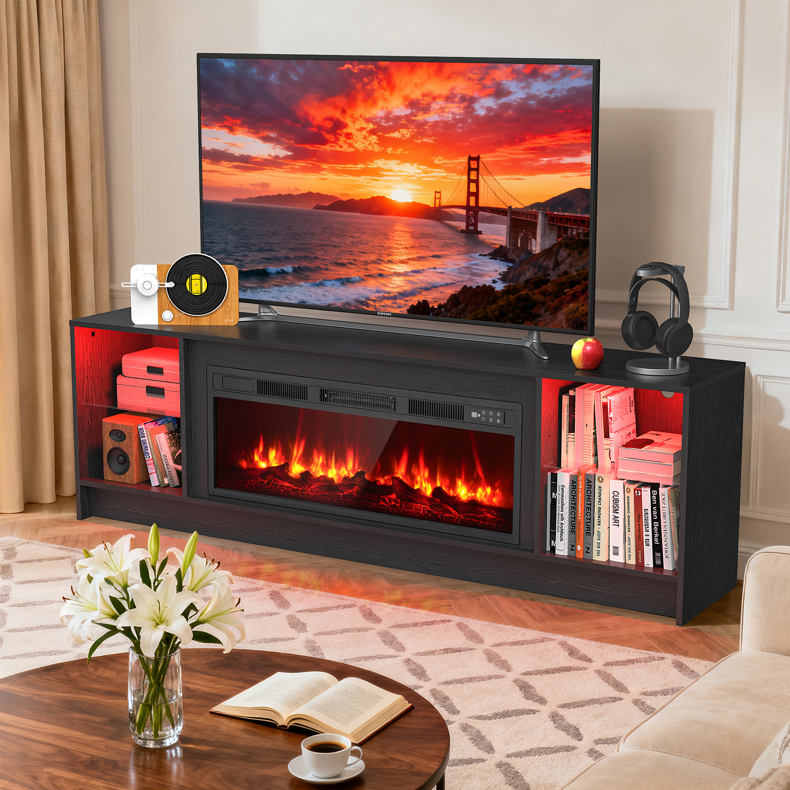 Dovov 70" LED TV Stand for TVs Up to 80", Wooden Modern Entertainment Center Media Console Table with 36" Electric Fireplace, LED Light and Glass Shelves, Black