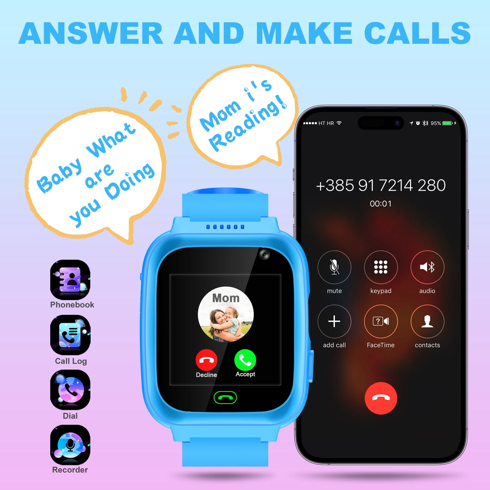 TOPCHANCES Kids Smart Watch for Boys Girls, Touch Screen Smartwatch with Call, 8 Games, Camera, Video, Calculator, Music Player (Blue)