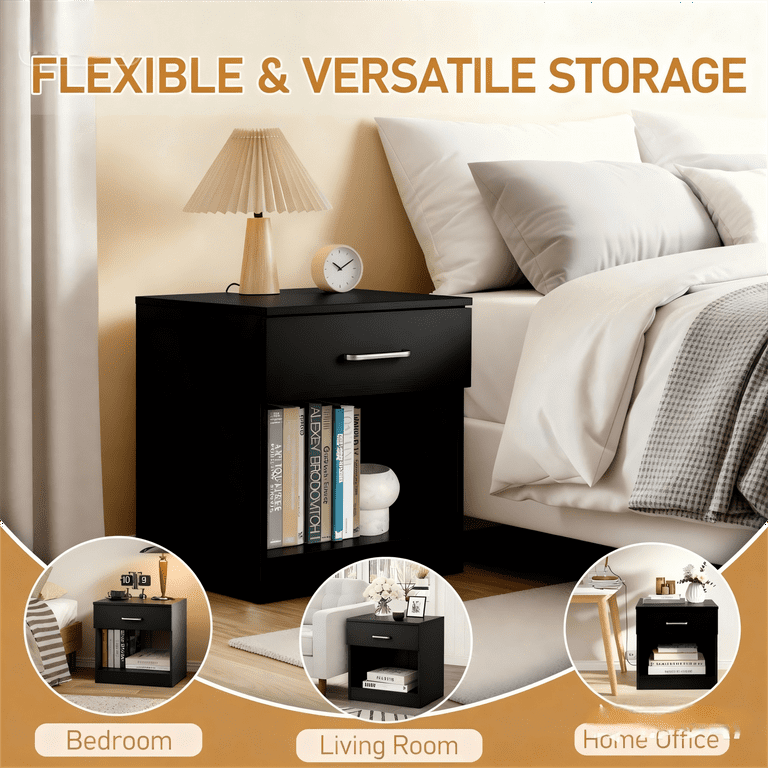 Zimtown Black Nightstand Set of 2, Small Beside Tables with Drawer