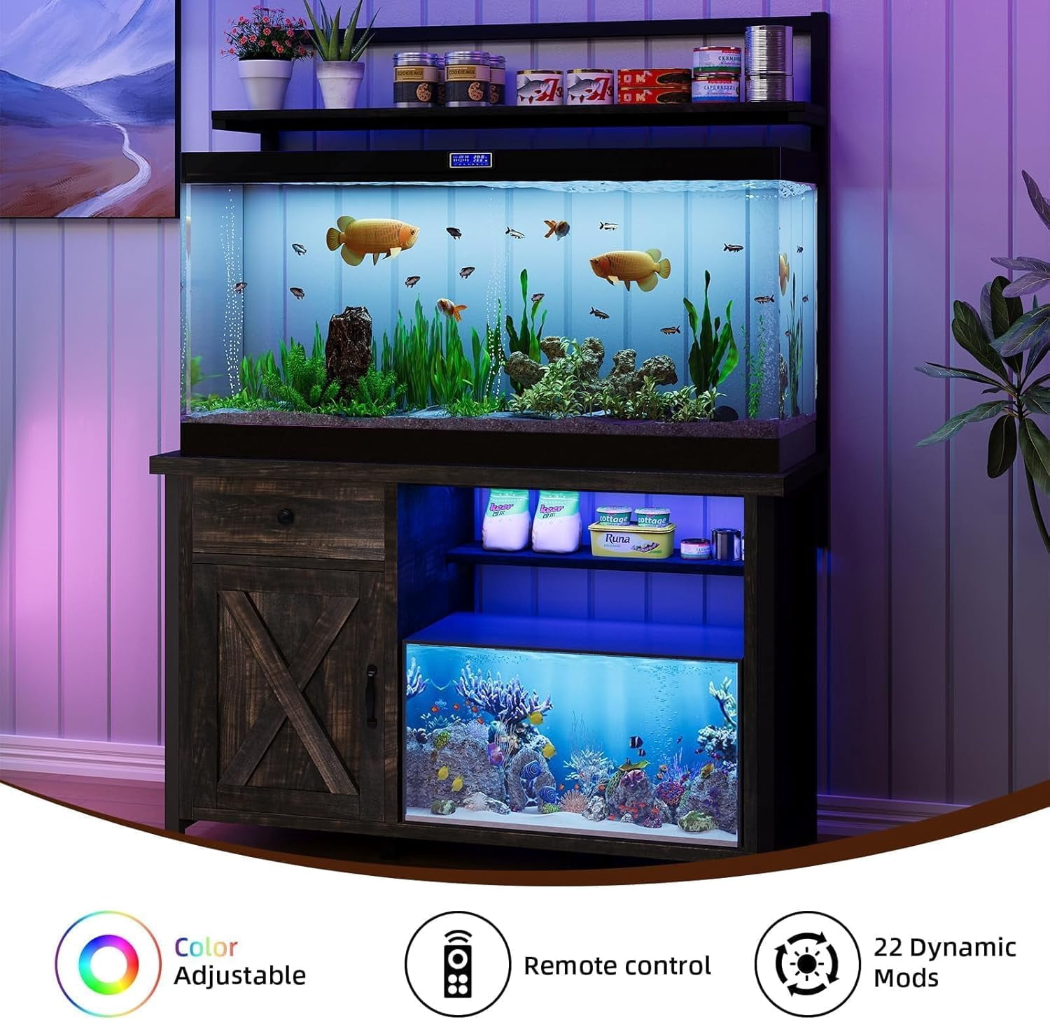 DreamCurship Fish Tank Stand with Power Outlet and Led Light, Cabinet for 55-75 Gallon Aquarium, RGB Lighting Strip Ideal for Turtle Enclosure, Supports up to 1100 Pounds, Oak
