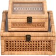 thumbnail image 1 of DECOR4SEASON Rattan and Cane Square Stacking Boxes with Glass Top Lid - Set of 2 for Boho, and Rustic Farmhouse Decor, 1 of 6