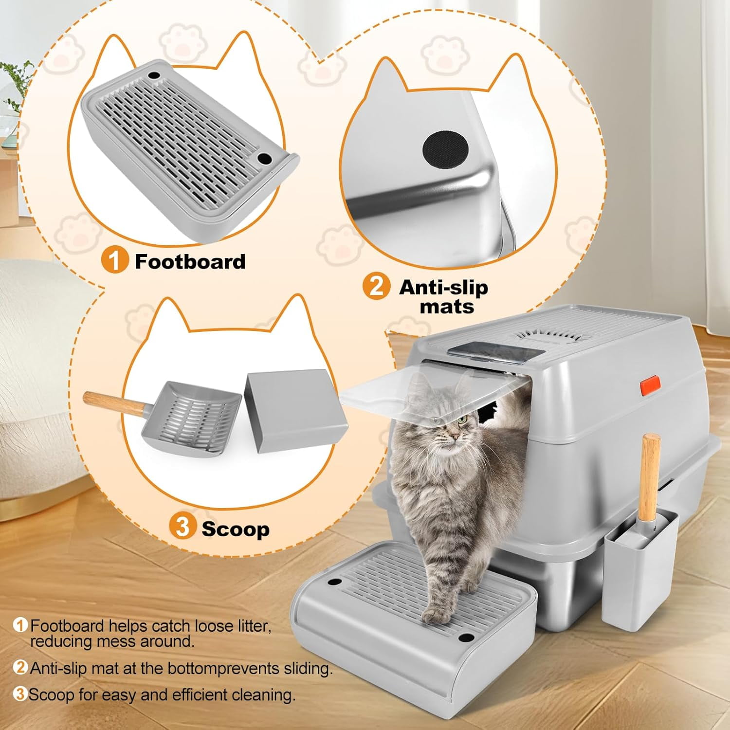 Kalolary Stainless Steel Cat Litter Box with Lid, Enclosed Removable Metal Litter Tray for Large Cat with High Sided Enclosure, Scoop, Pedal, Anti-Leakage, Non-Sticky, Easy Cleaning (Grey)