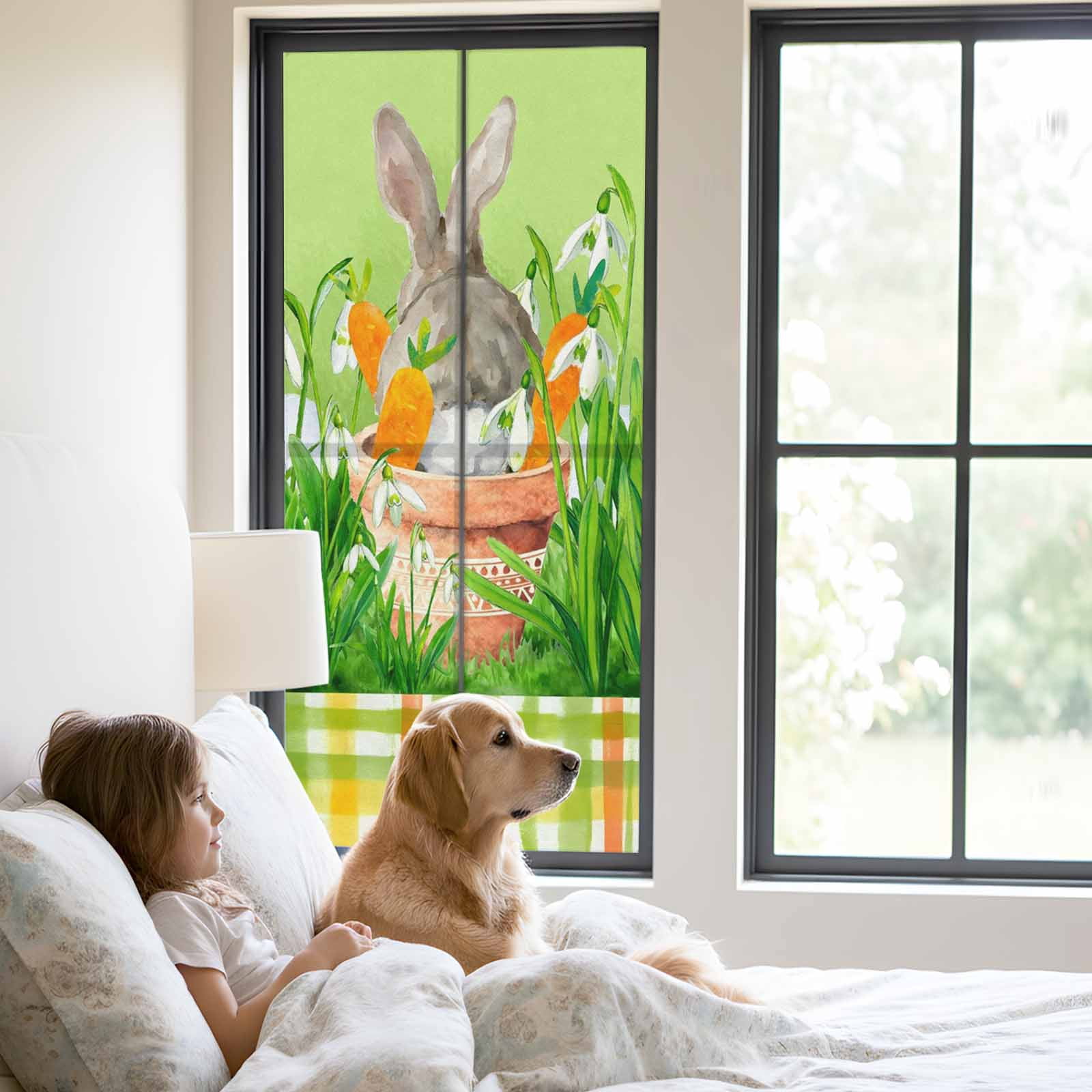 Easter Bunny Window Privacy Film, Spring Bunny Sitting on A Flowerpot Carrot Flower Green Frosted Glass Window Clings Static Cling UV Heat Blocking Reusable Door Sticker for Bathroom 23.6 x 59 Inch
