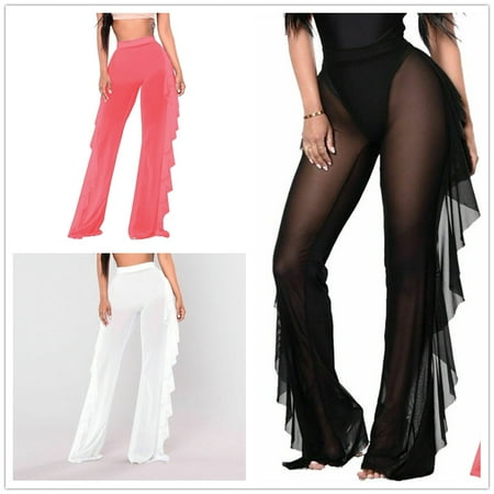 Sexy Women Beach Mesh Ruffles Sheer Wide Leg Pants Bikini Cover Up Trousers Mesh Sheer See Through Plus Size