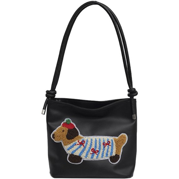 Jiibva Cute Dachshund Bucket Bags Women Leather Handbag Casual Commute Shoulder Bag Crossbody Bags Storage Messenger Bags