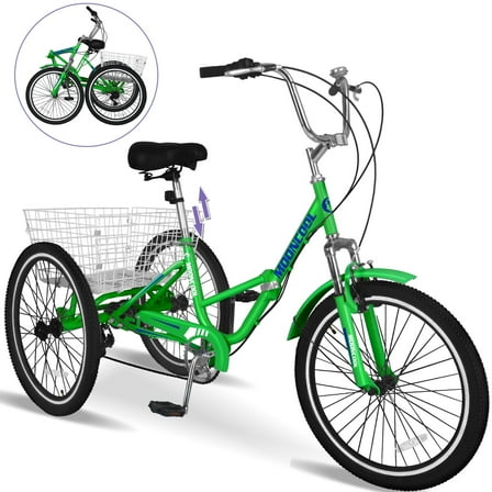 Lilypelle Adult Folding Tricycle with Low Step Through7-Speed Three Wheel Foldable Cruiser Bike Trike with Cargo Basket for Women, Men, Seniors,Apple Green