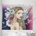 thumbnail image 1 of Women Tapestry, Brown Haired Lady with Wild Flower Blossoms on Pastel Colored Backdrop, Fabric Wall Hanging Decor for Bedroom Living Room Dorm, 5 Sizes, Indigo Rose and Umber, by Ambesonne, 1 of 1