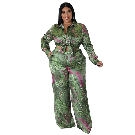 AURA Women Plus Size Silk Like Two Piece Outfit Casual Long Sleeve Printed Set