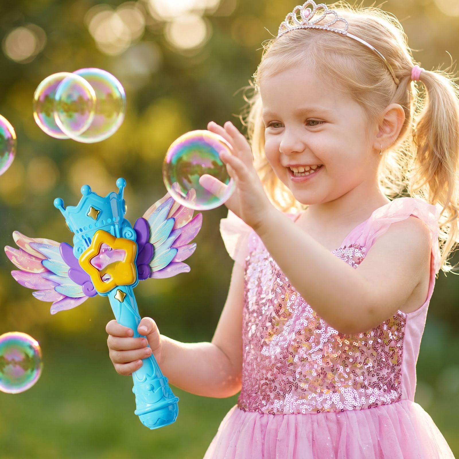 Magic Wings Bubble Wand with Music and Lights, Automatic Bubble Blower Machine, Battery Operated Fairy Princess Bubble Maker for Outdoor Summer Fun